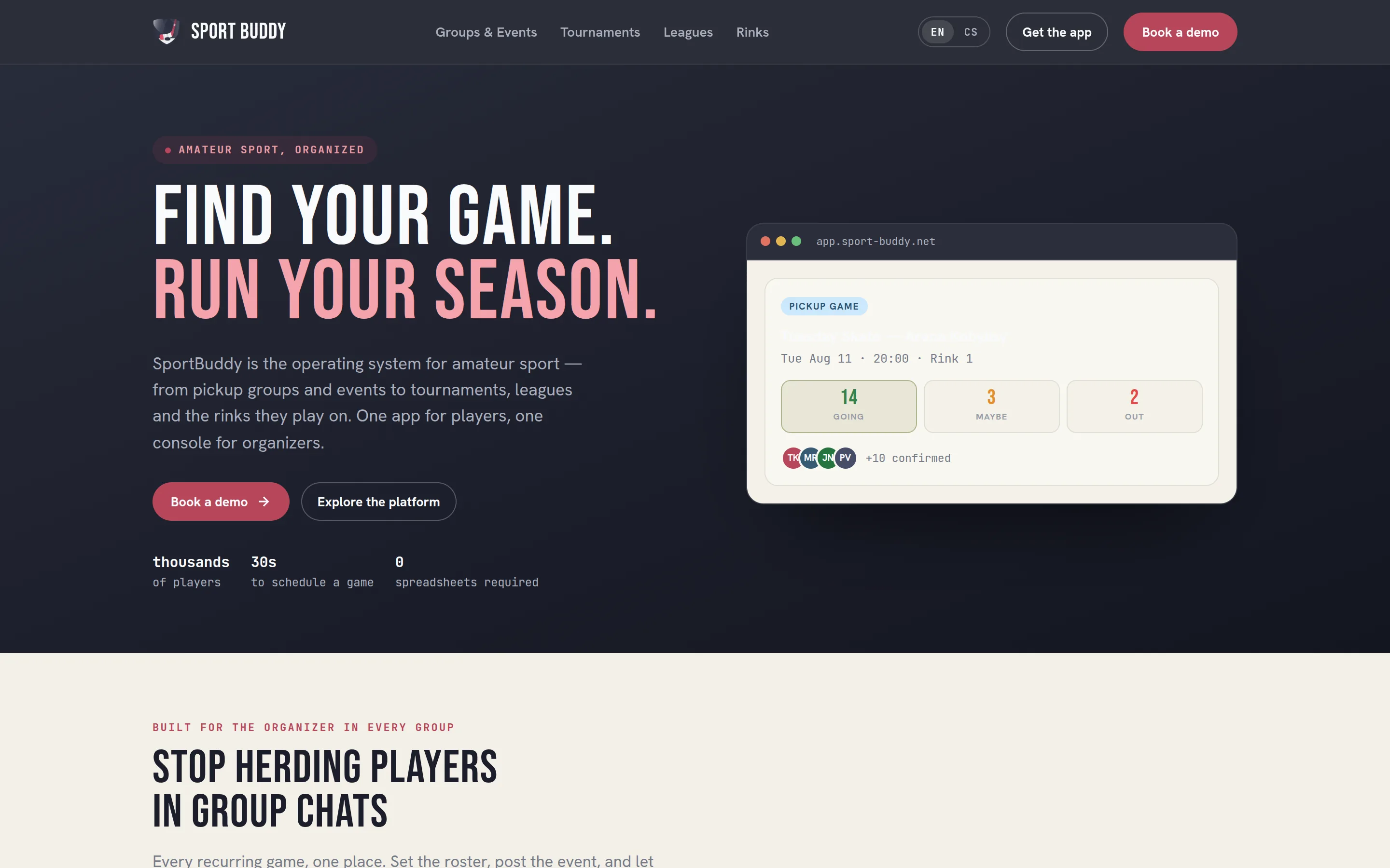Sport Buddy website showing the player RSVP view for a pickup game